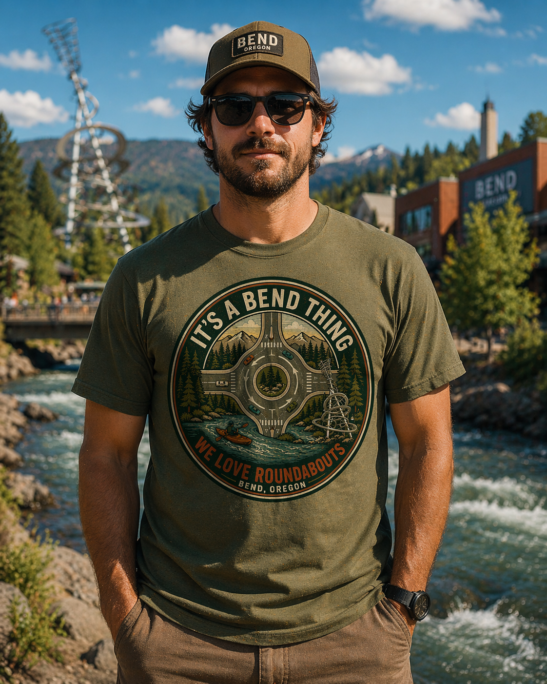 Kickoff Roundabout — "It's a Bend Thing" Bend, Oregon Retro Road Graphic Tee