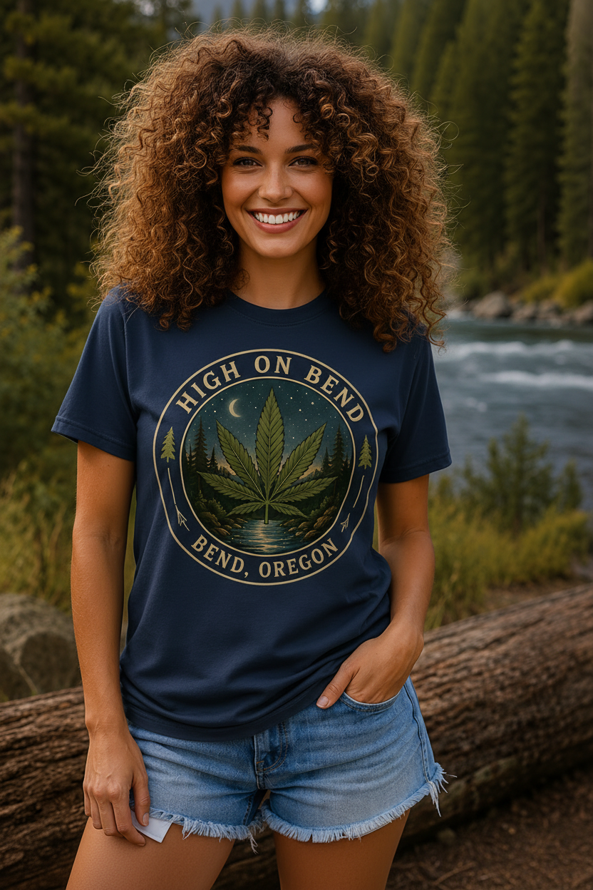 High on Bend T-Shirt — Bend, Oregon Cannabis Leaf Vintage Badge